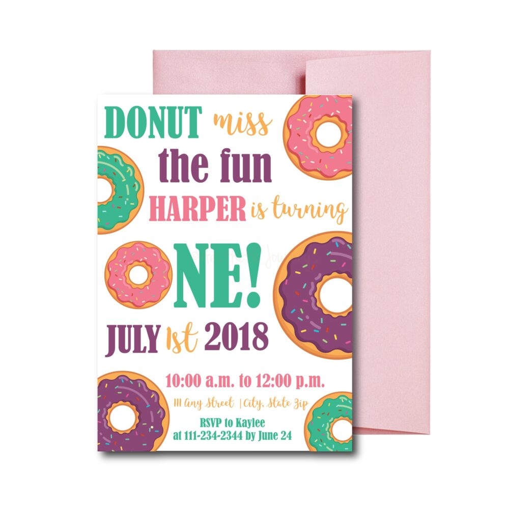 Donut Miss the Fun donut birthday Party Invite on white background with pink envelope