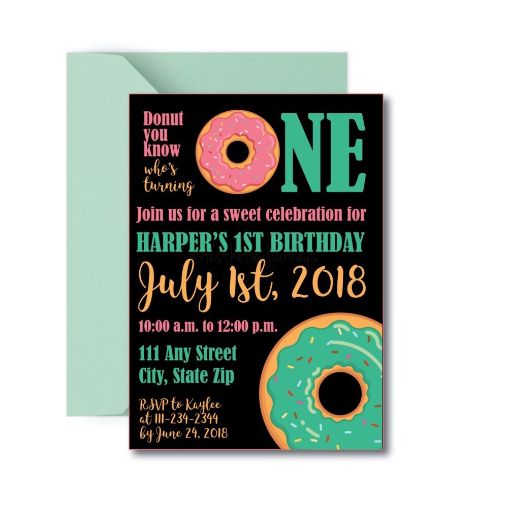 donut invitation on white background with mint green envelope