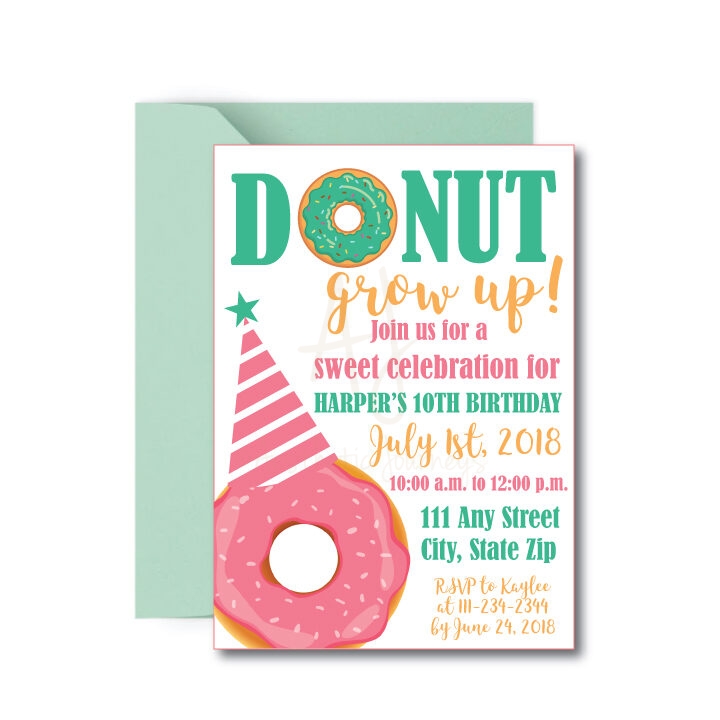 Donut Grow Up donut Party Invite on white background with mint green envelope