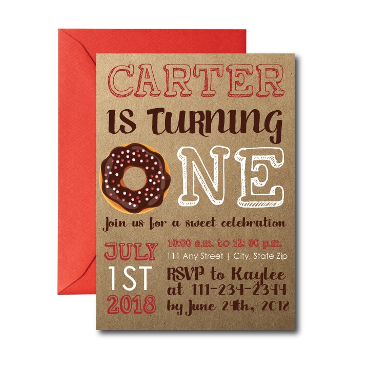 Rustic Donut birthday Party Invite on white background with red envelope