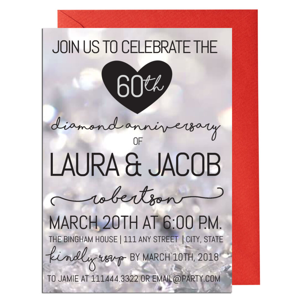 60th Anniversary Party Invite on white background with red envelope