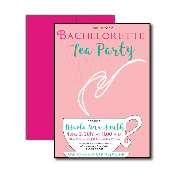 bridal Tea Party shower Invite on white background with pink envelope