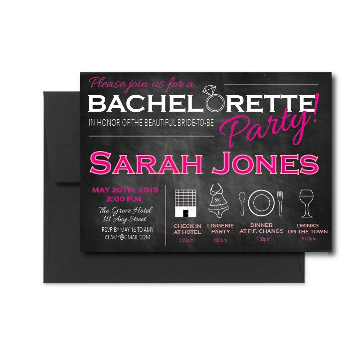 classy Bachelorette Chalkboard Invite with black envelope on white background