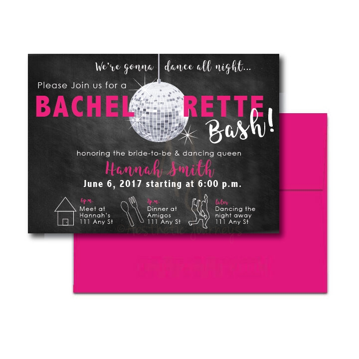 Disco party invite for bachelorette on white background with hot pink envelope