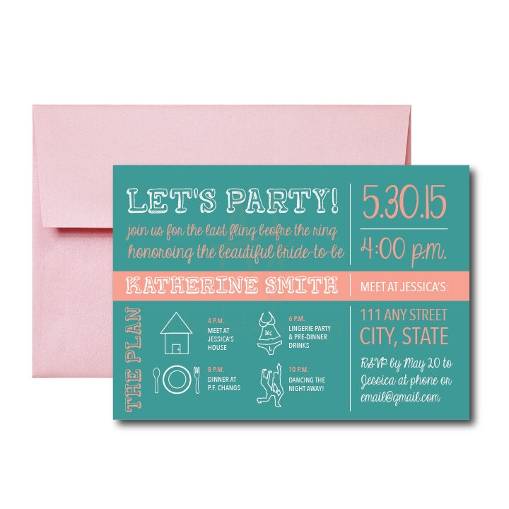 Teal and Peach wedding Bachelorette Invite on white background with pale pink envelope
