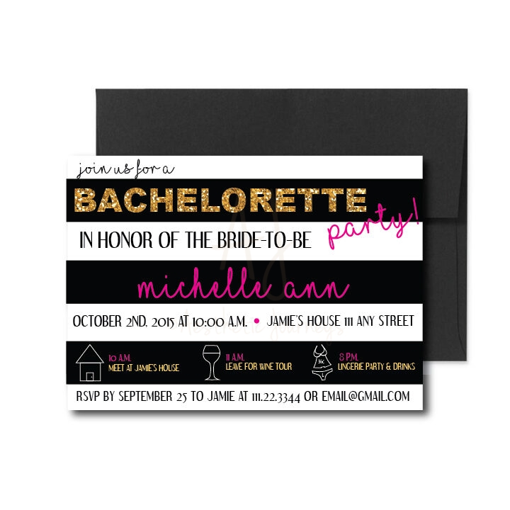 Black Striped Bachelorette Invite on white background for your simple bachelorette party ideas