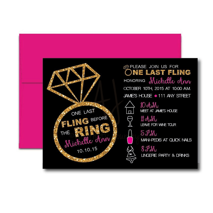 Last Fling Before the Ring Invite on white background with pink envelope
