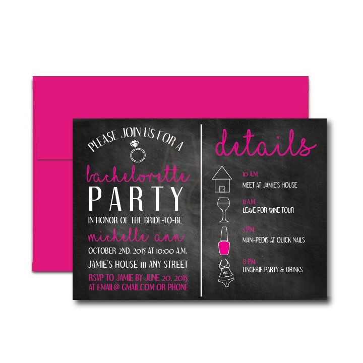 pink and black invitation for bachelorette party on white background with hot pink envelope