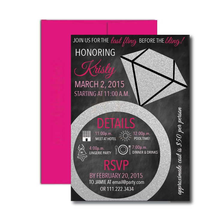 one Last Fling Before the Ring Invite on white background with hot pink envelope