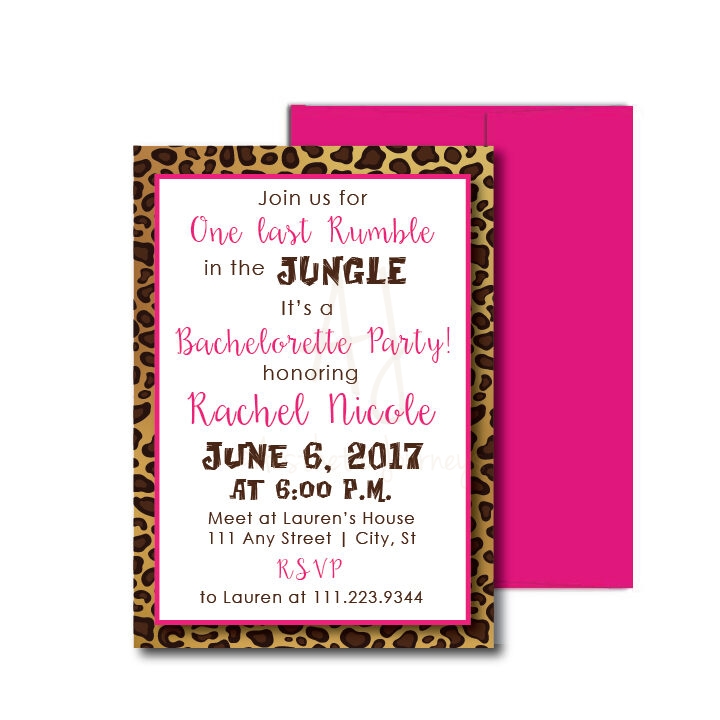Leopard invite for Bachelorette party on white background with hot pink envelope