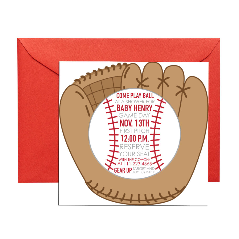 baseball invitations on white background with red envelope