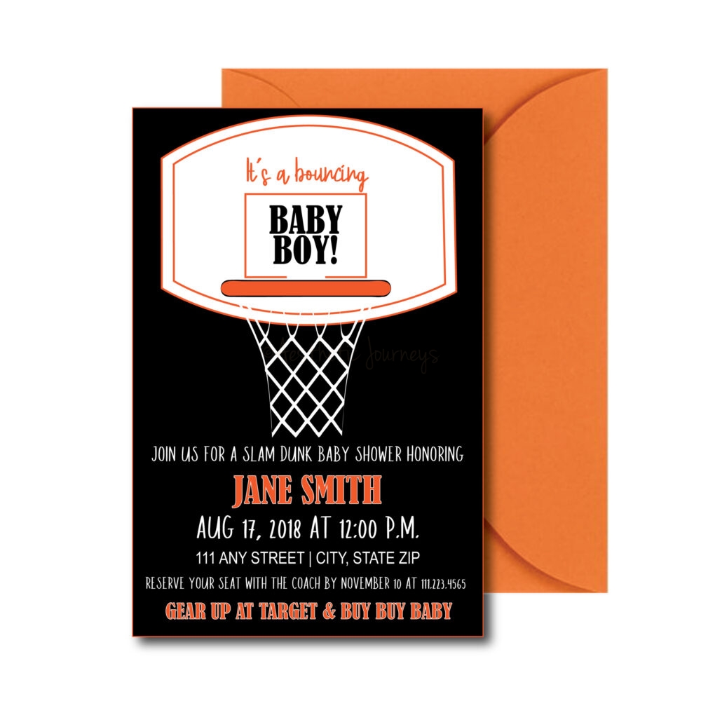 Basketball party invite for Baby Shower on white background with orange envelope