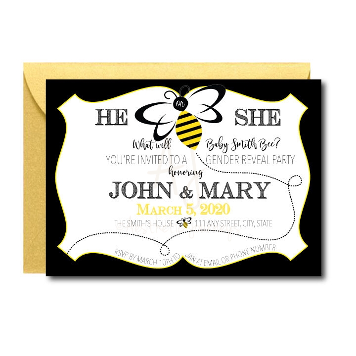 what will it bee party invite on white background with yellow envelope