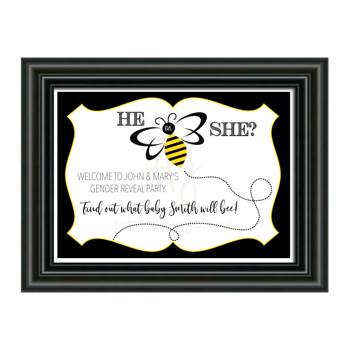 bee party gender reveal sign on white background with black frame