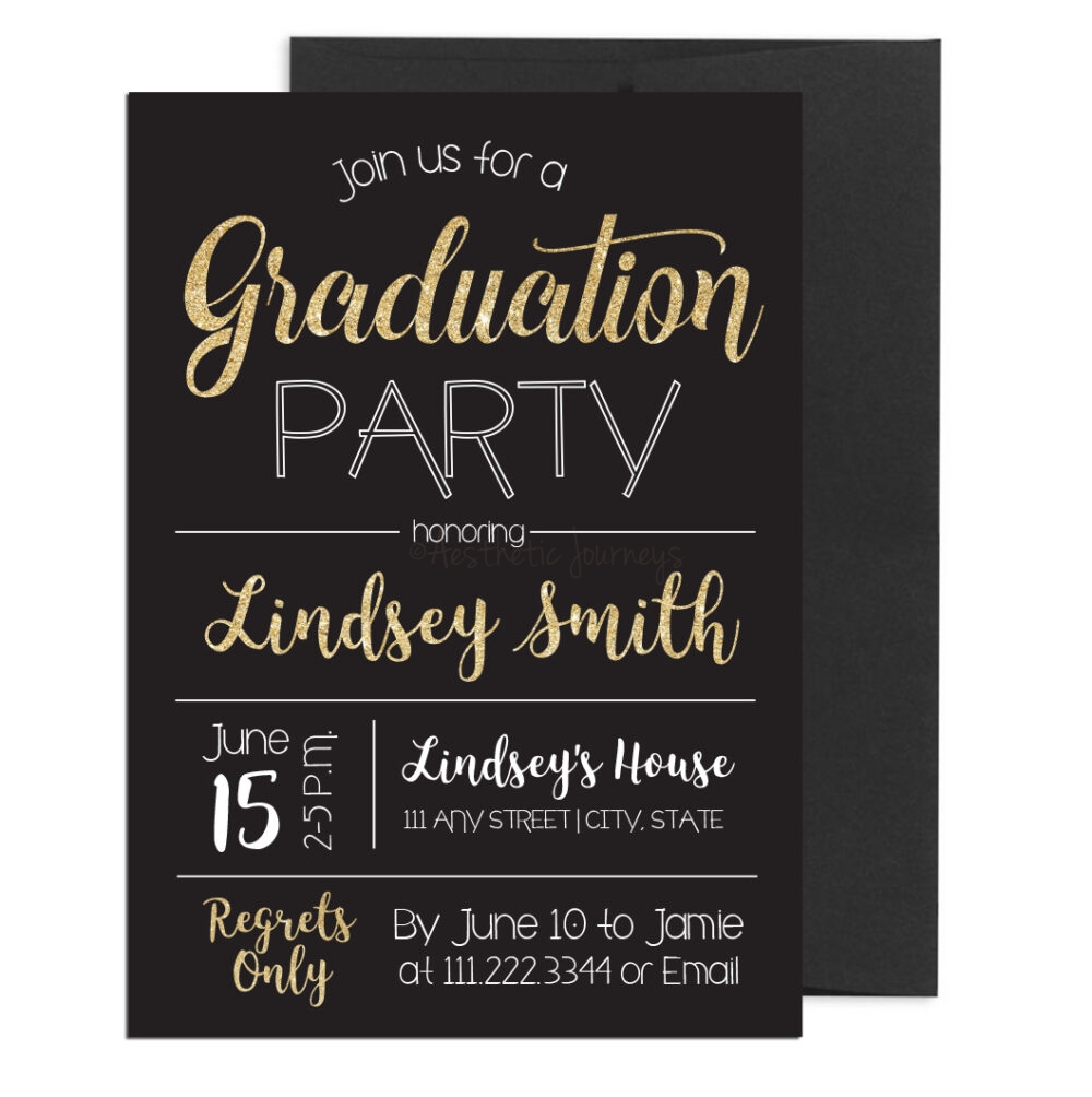 Black and Gold Graduation Invite with black envelopes on white background