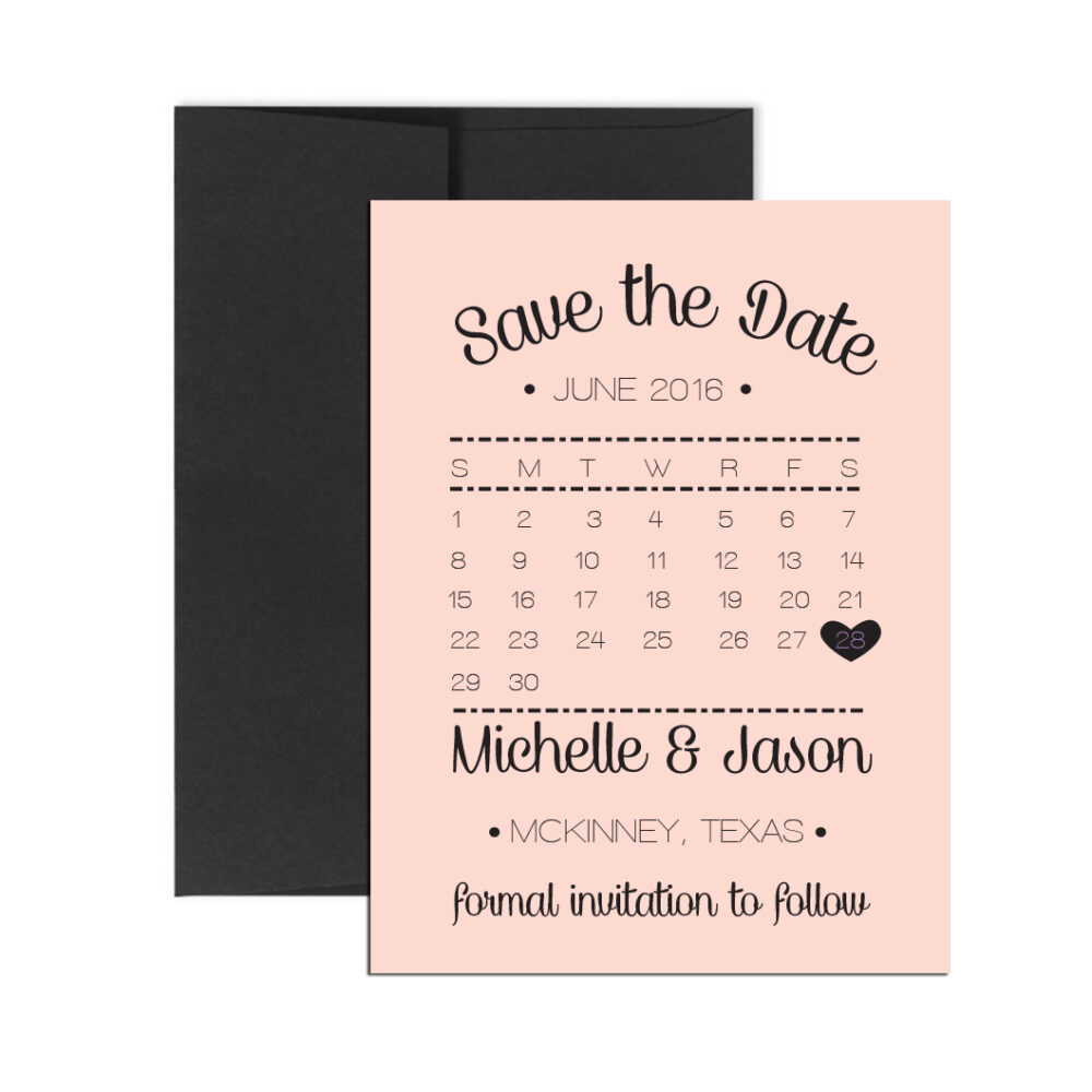 blush wedding invite or save the date on white background with black envelope