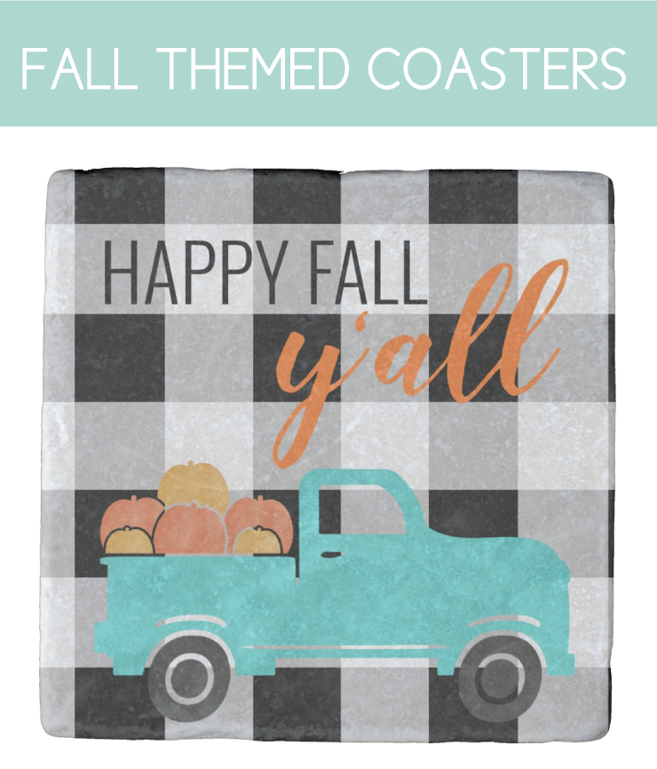 Happy Fall Y'all Coasters with buffalo check background
