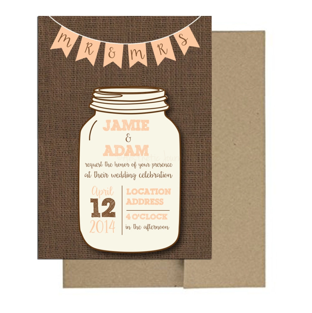 Burlap Mason Jar Invitation on white background with brown envelope