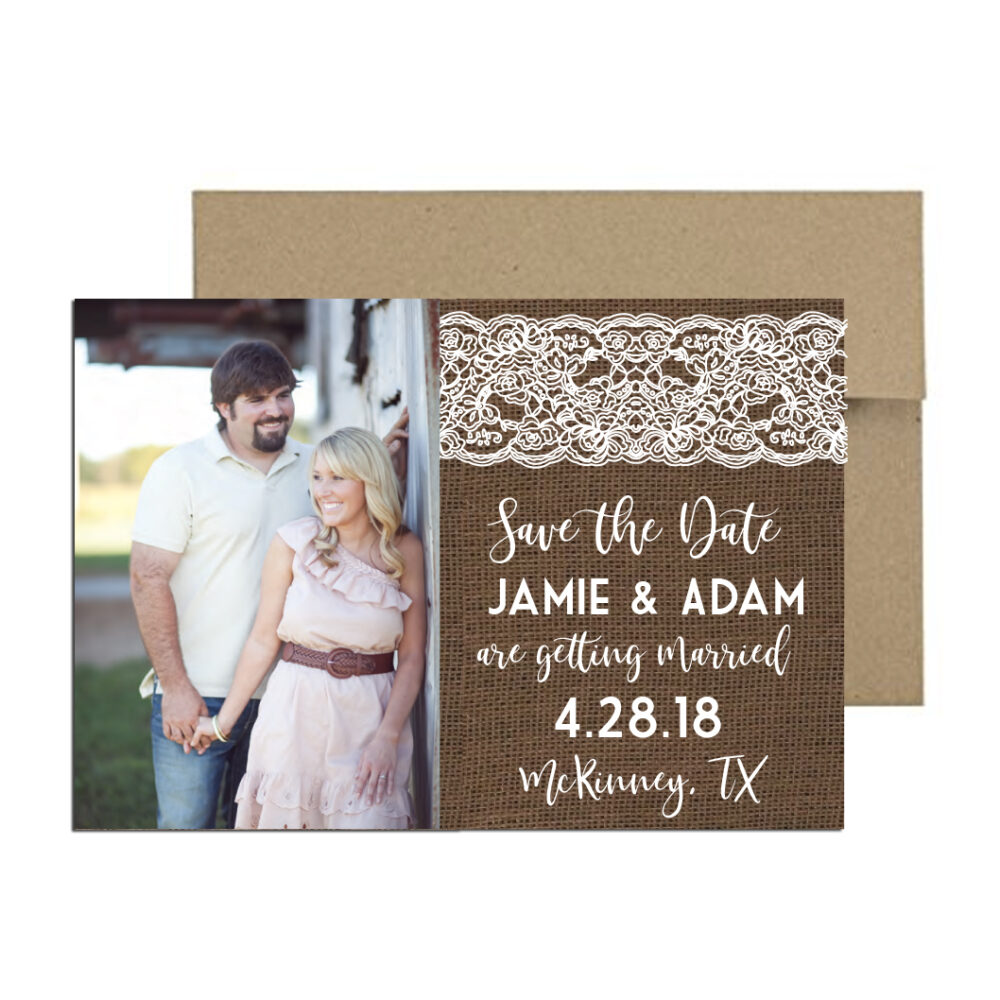rustic burlap and lace save the date with photo on white background with brown envelope