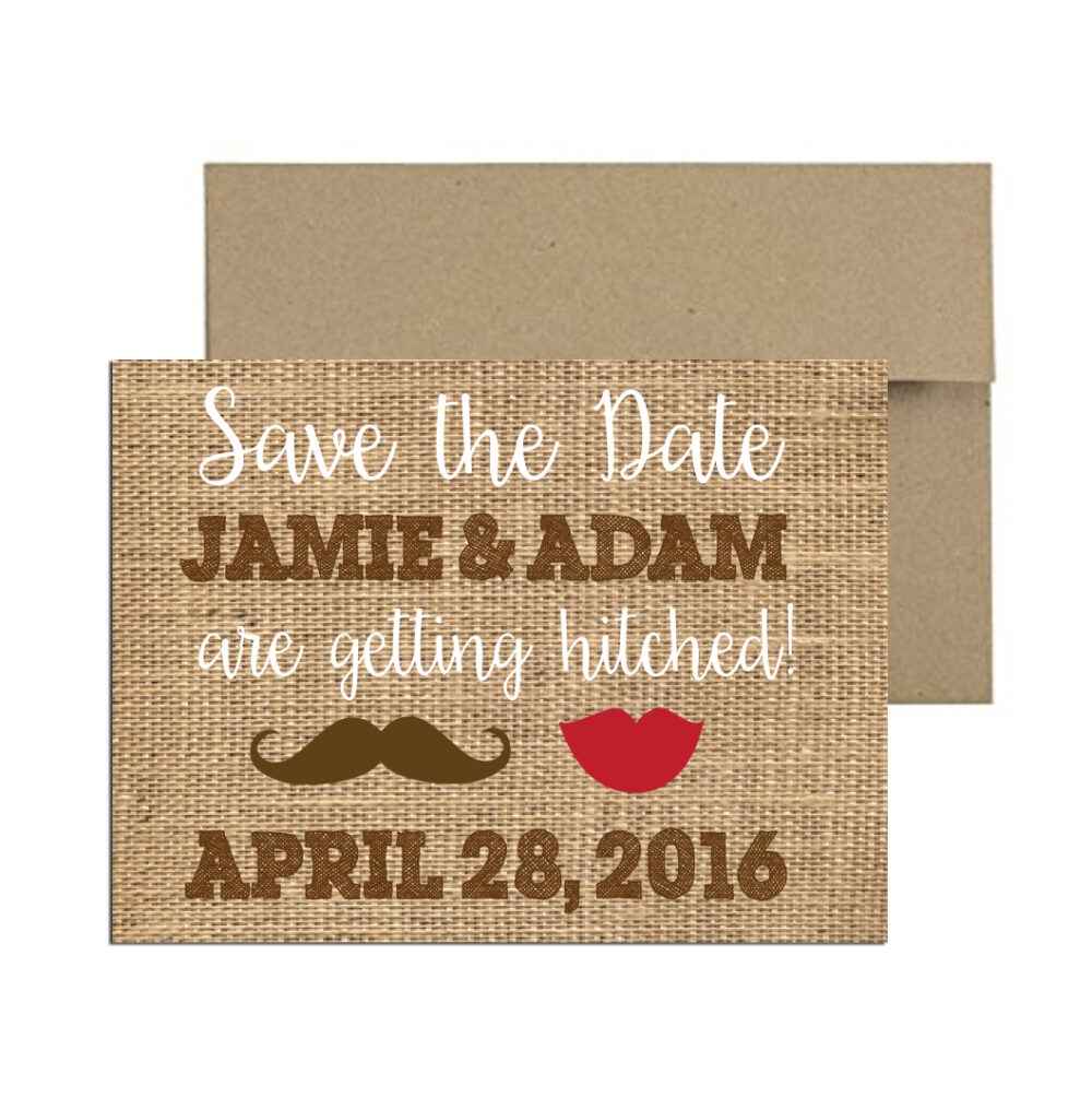 mustache save the date on white background with brown envelope