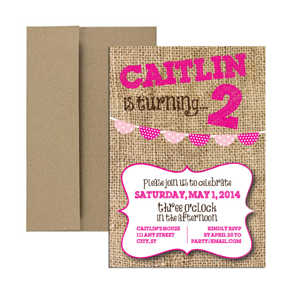 Burlap hot pink party invite with brown envelope on white background