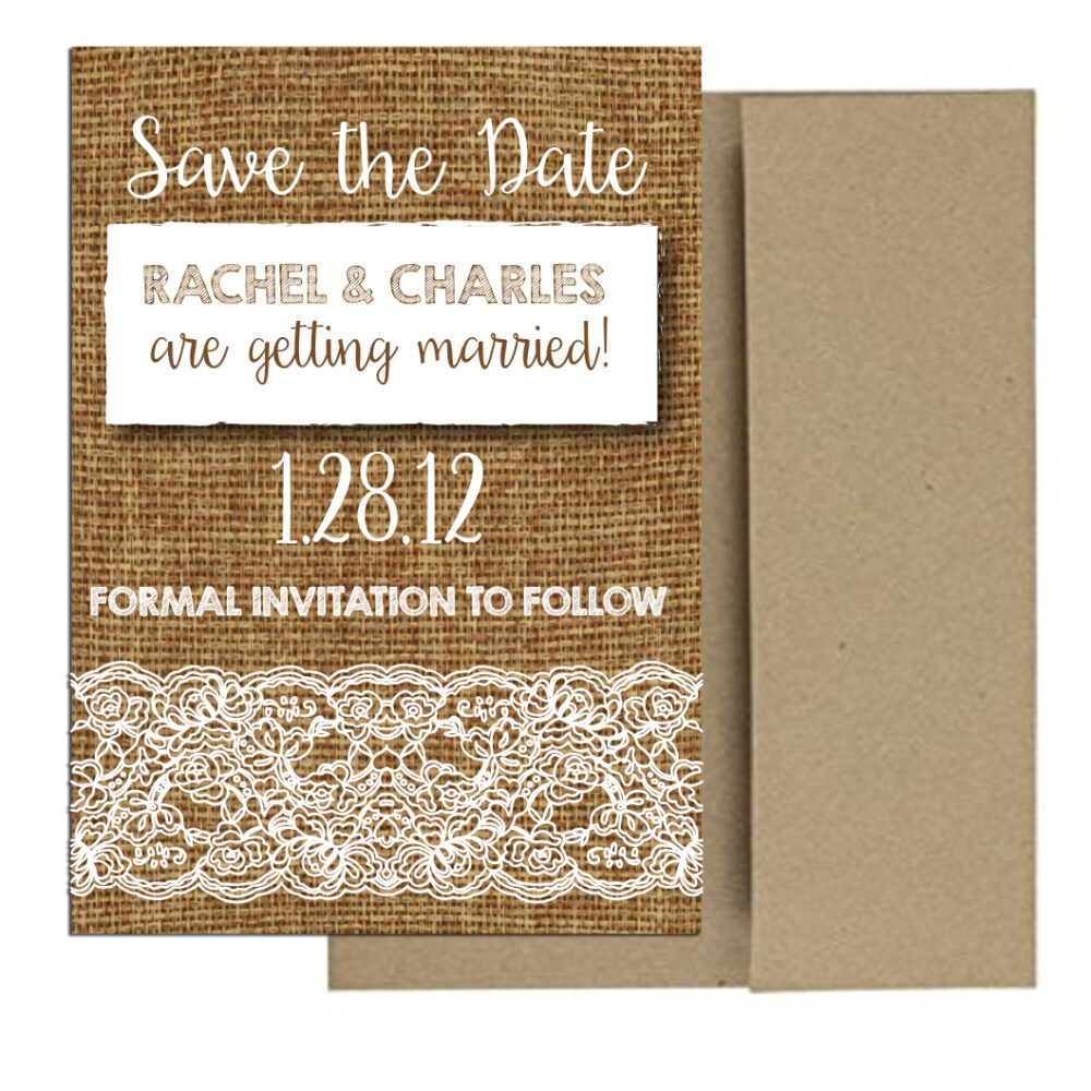 burlap save the date magnet on white background with brown envelope