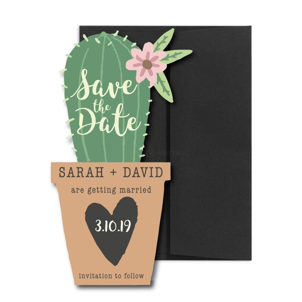 Cactus invite or save the date with black envelope on white background