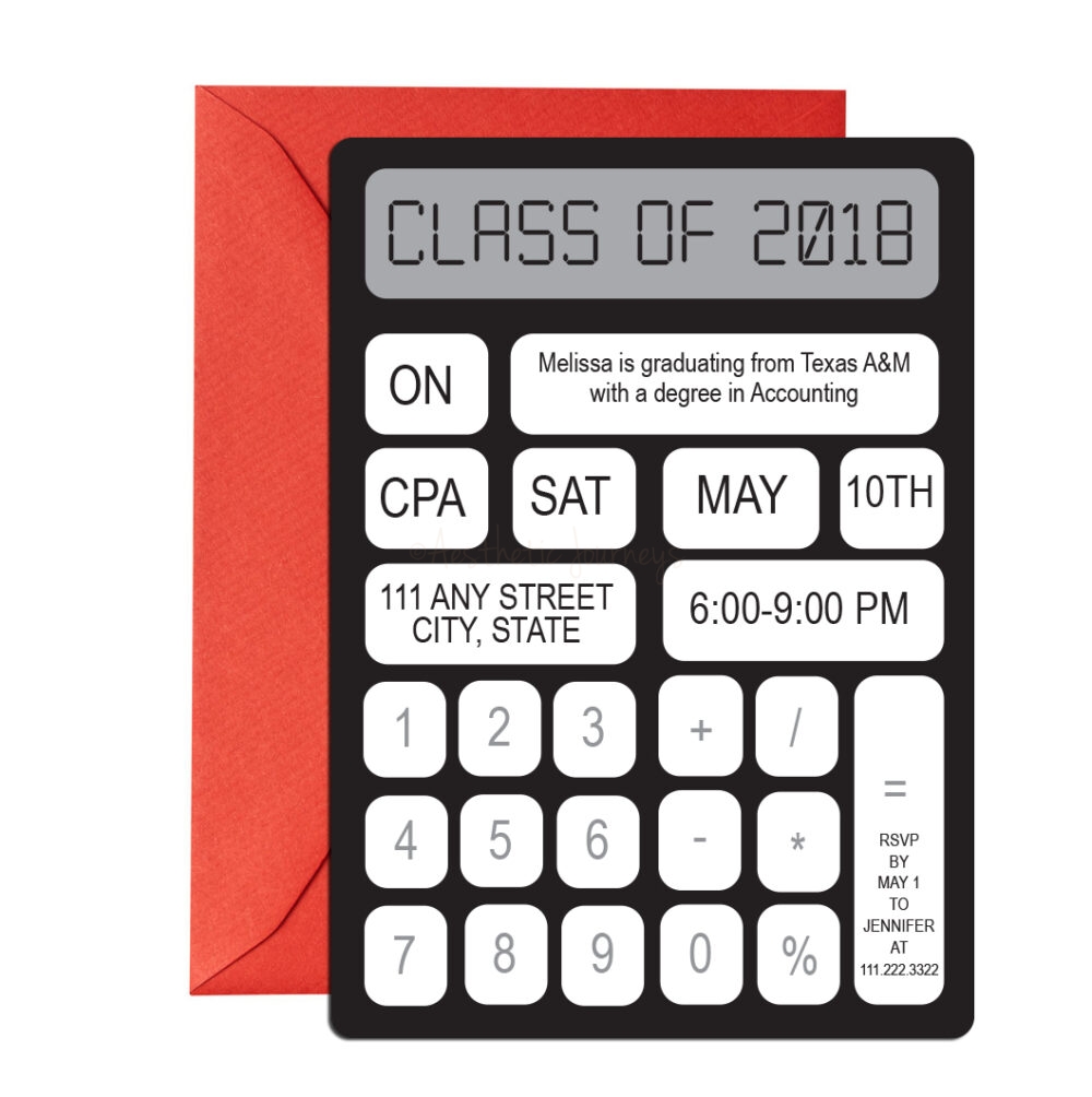 calculator themed graduation party invite on white background with red envelope