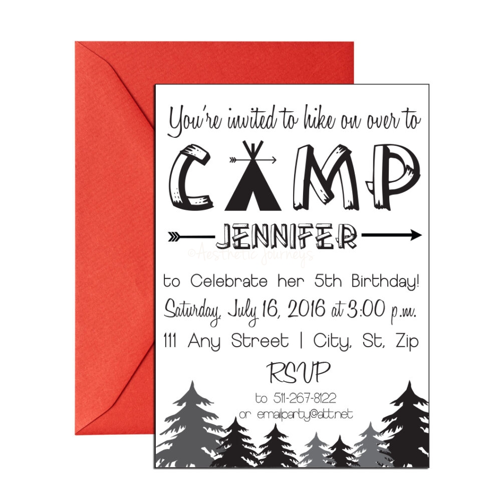 camping themed party invite with red envelope on white background