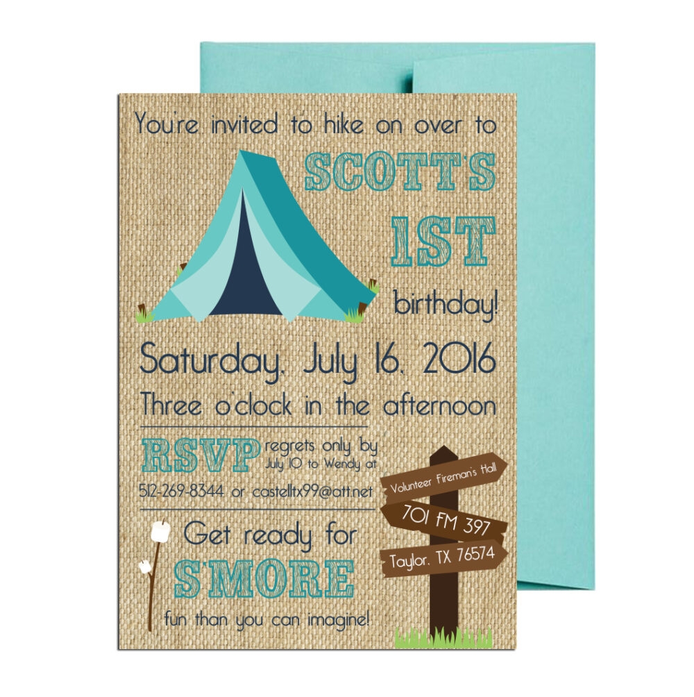 burlap camping birthday party invite on white background with blue envelope