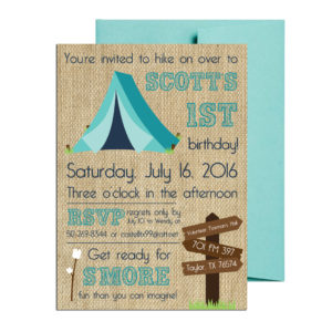 burlap camping themed party invite