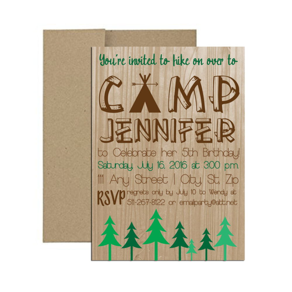 camping birthday invite on white background with brown envelope