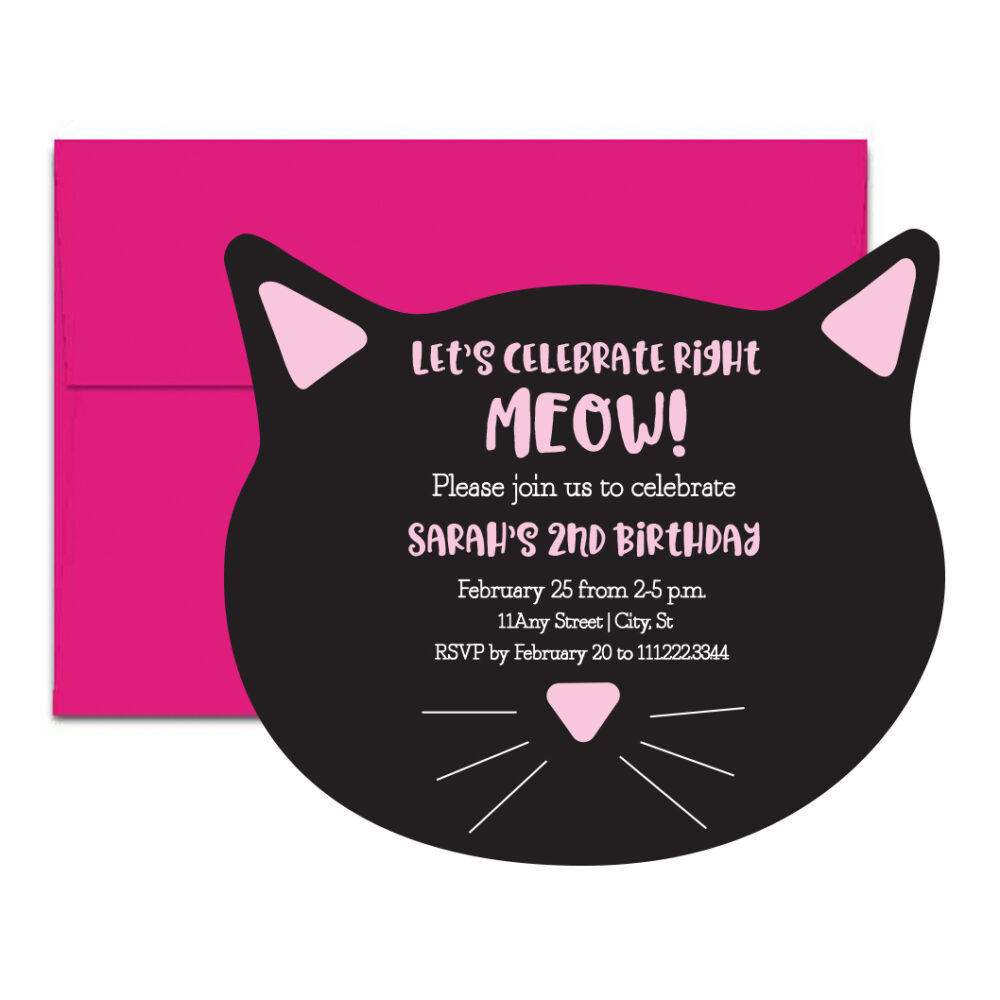 cat party invite on white background with pink envelope