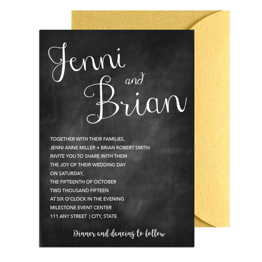 black and white party invite on white background with gold envelope