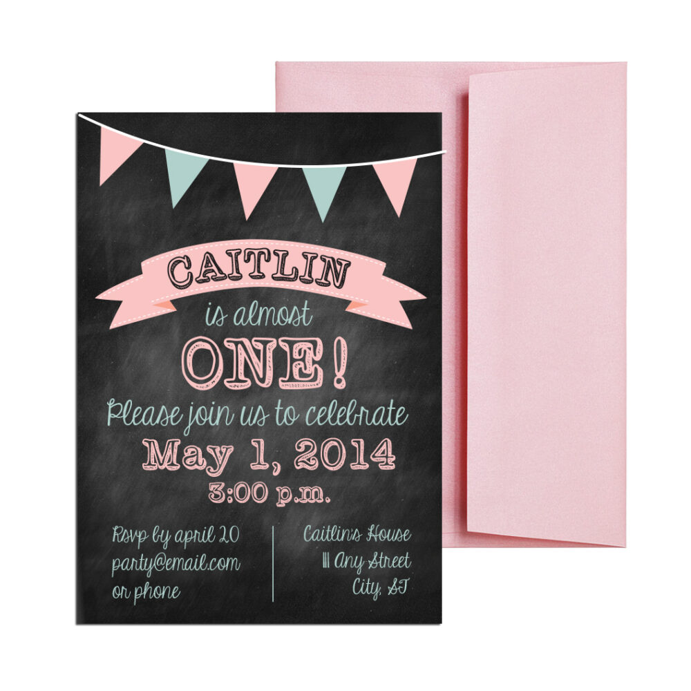 Pink birthday party invite on white background with pale pink envelope