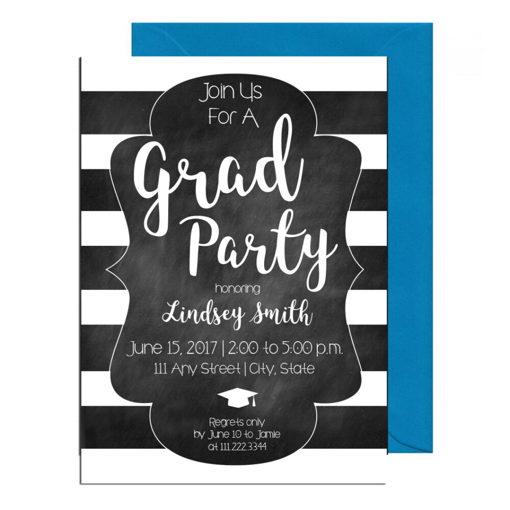 Chalkboard invitation on white background for grad party with blue envelope
