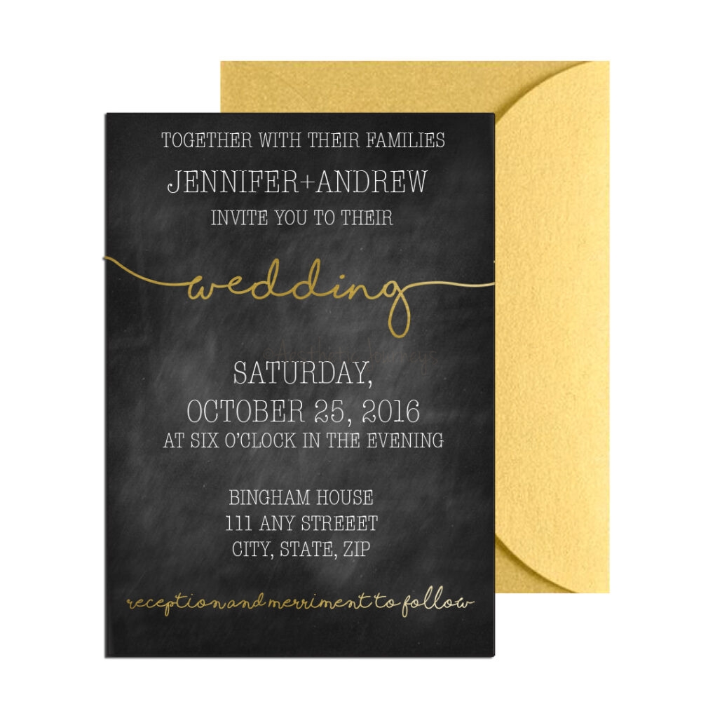 Gold Wedding Invite with gold envelope on white background