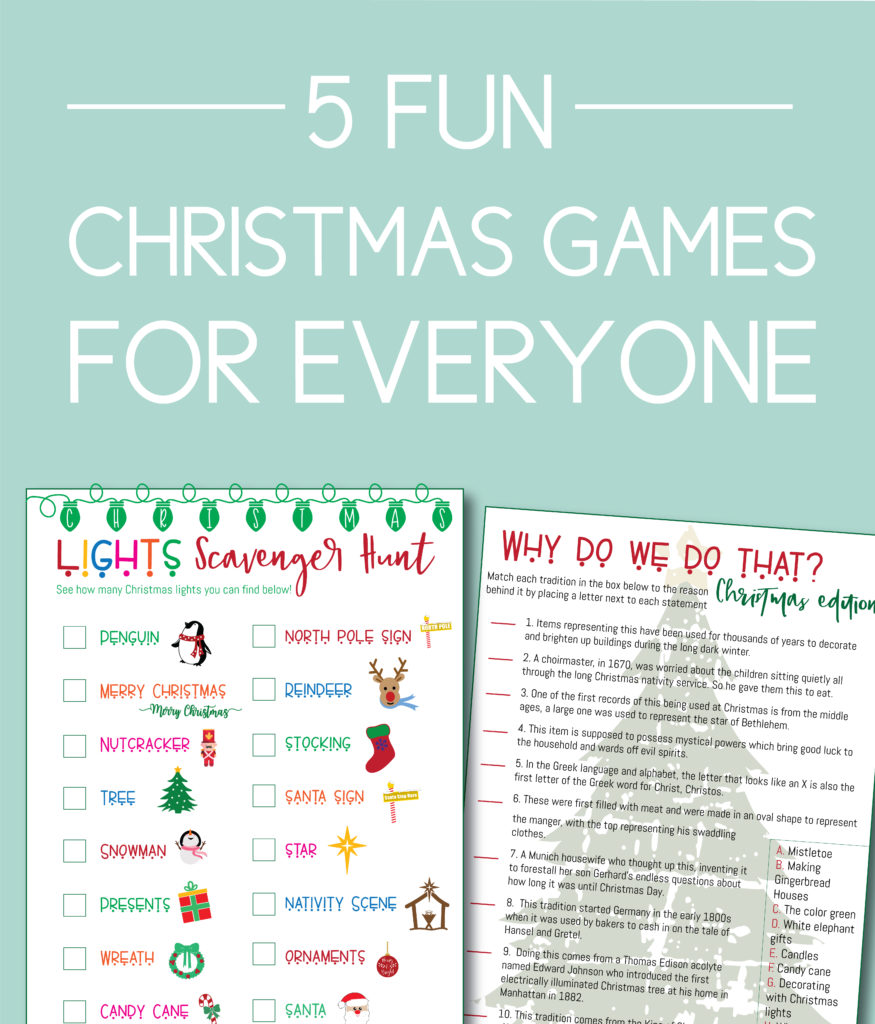 5 Fun printable Christmas Games for Everyone on teal background