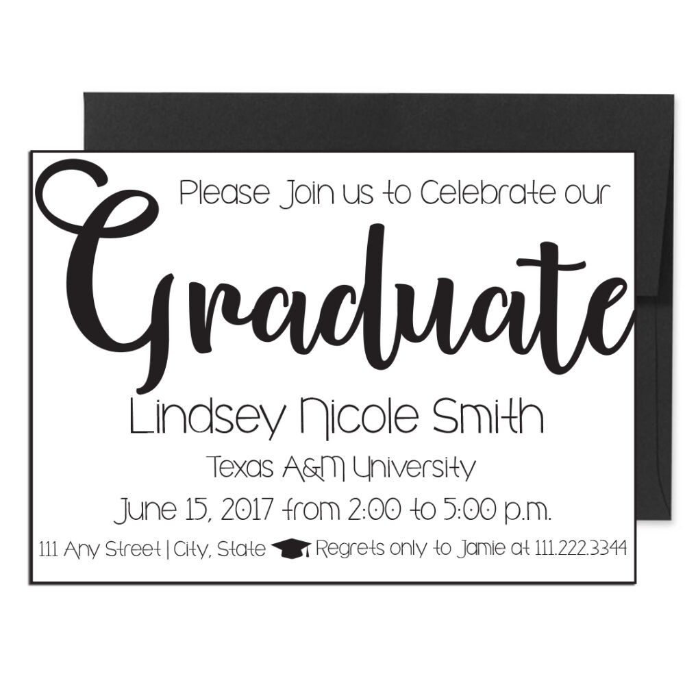 black and white graduation invite and envelope on white background