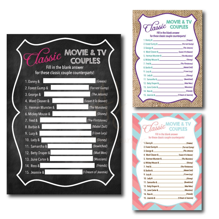 Classic Movie Couples Shower Game Digital File