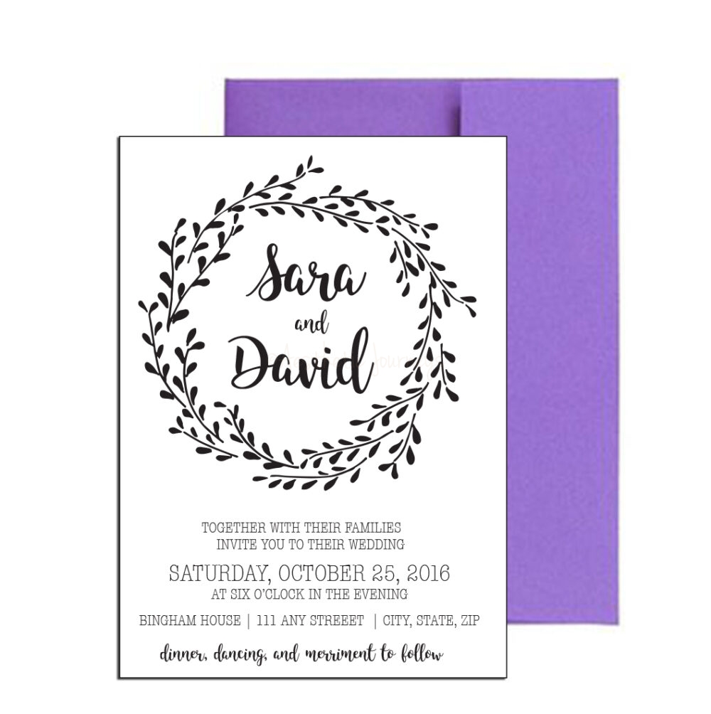 black and white invite for wedding with purple envelope on white background