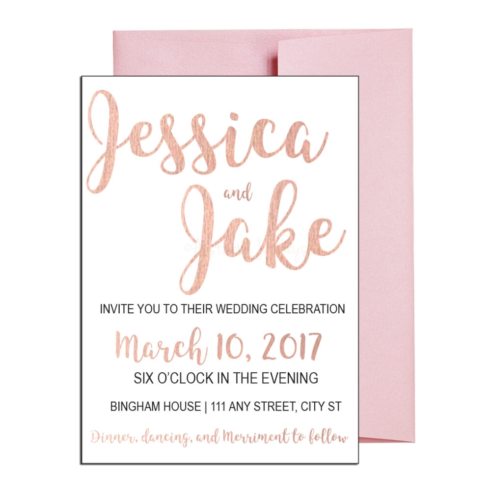 invite with rose gold wedding colors on white background with pale pink envelope