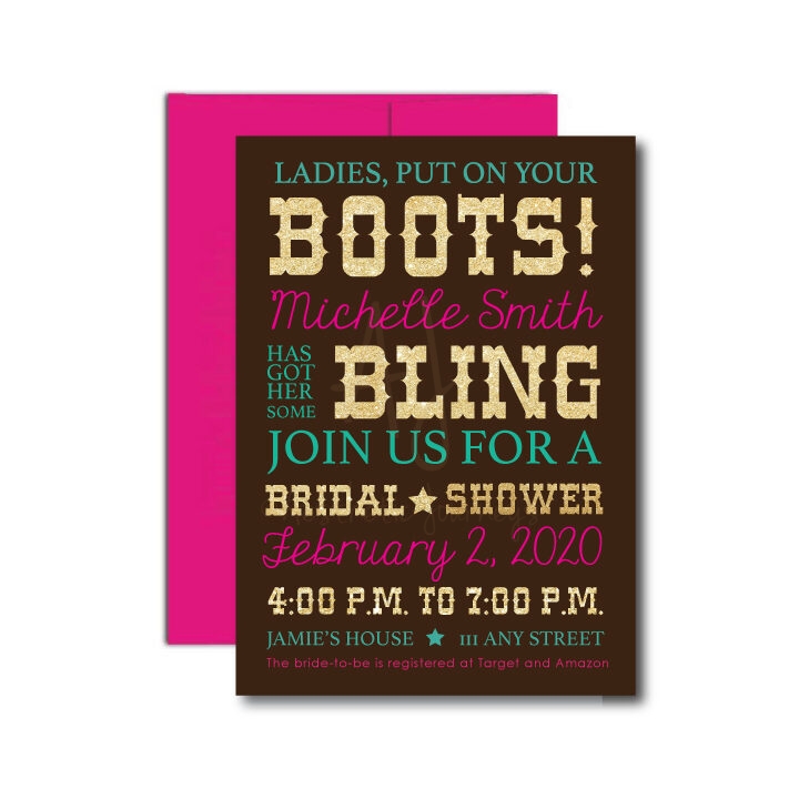 boots 'n bling bridal shower invite with pink envelope on white background