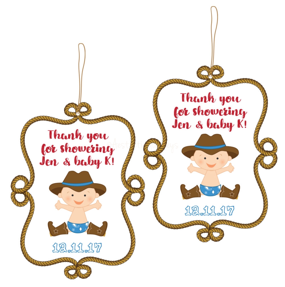 cowboy theme party tags for the baby shower on white background