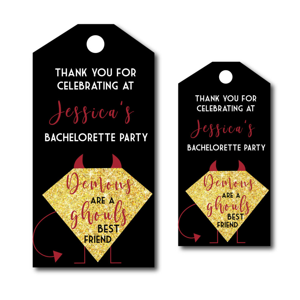 Demon Themed Tags for a halloween bachelorette party on white background