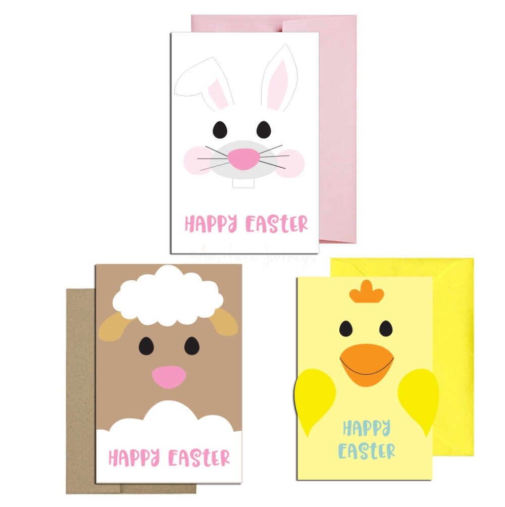 cute Easter Cards in three designs on white background with envelopes