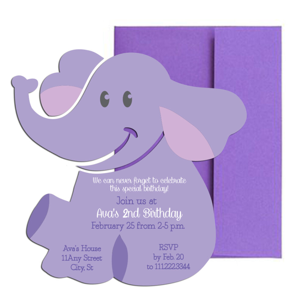 Elephant Party Invite on white background with purple envelope