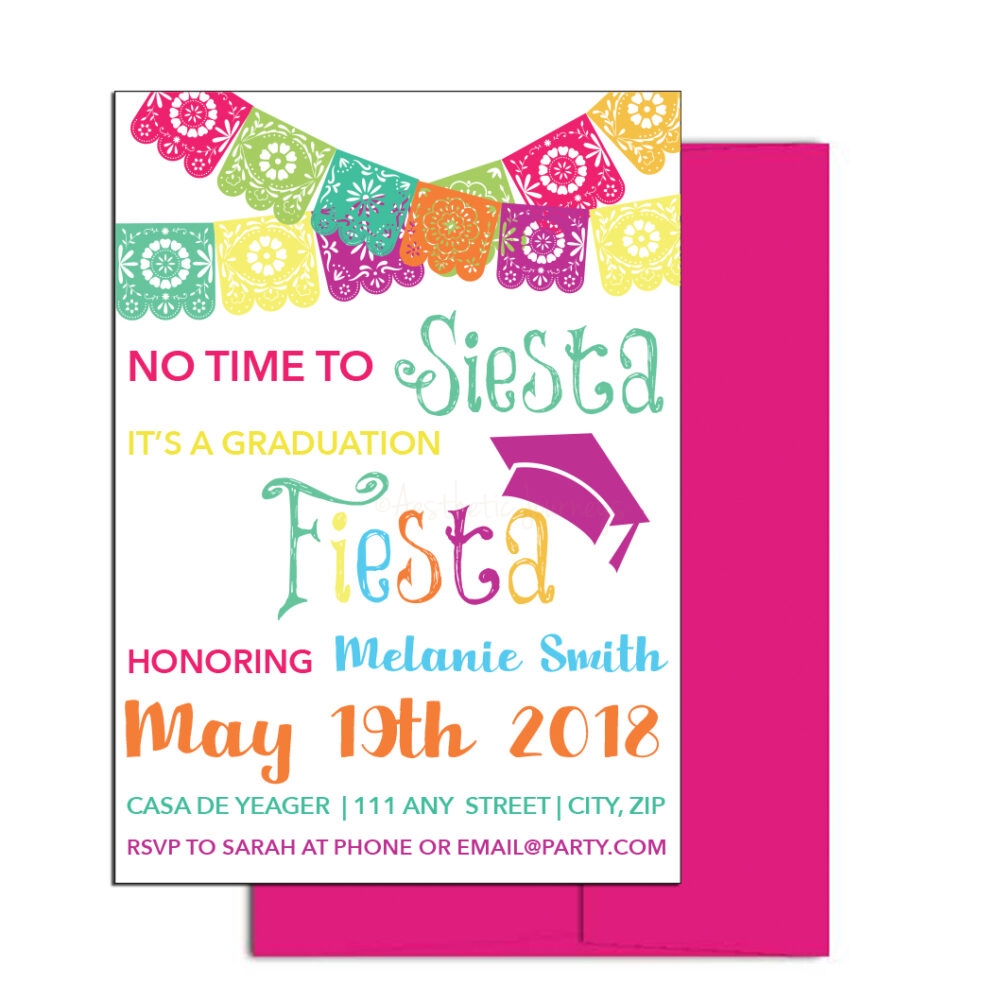 Graduation Fiesta themed invitations on white background