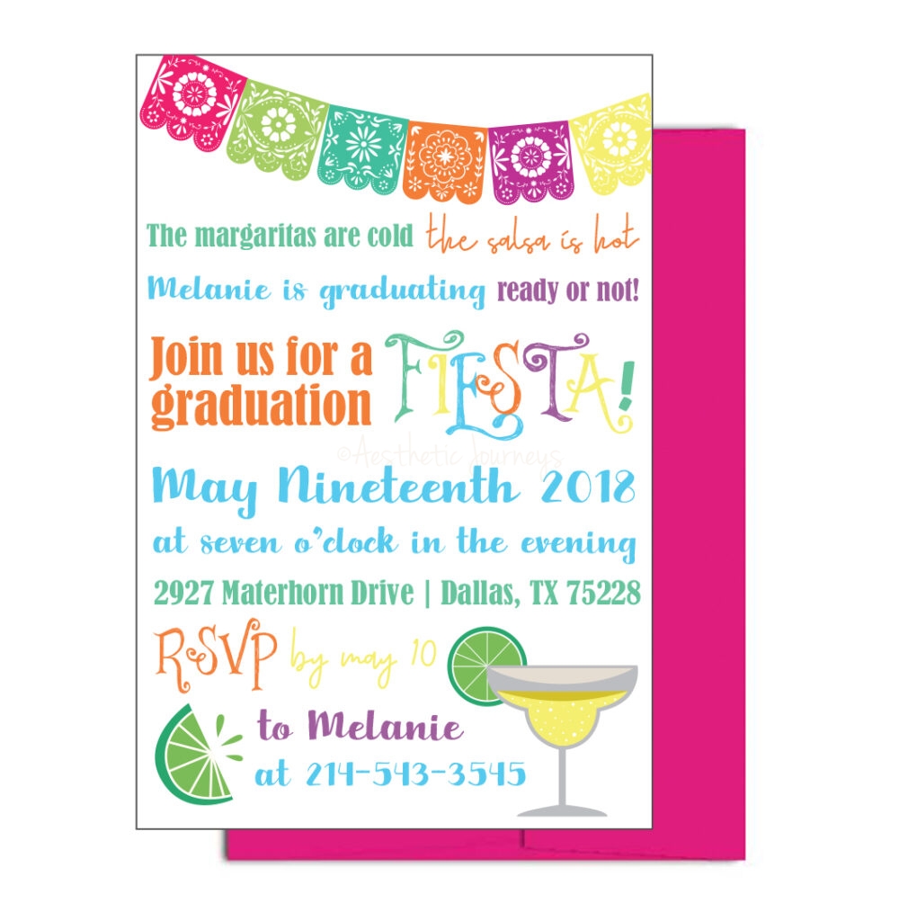 fiesta graduation invite with pink envelope on white background