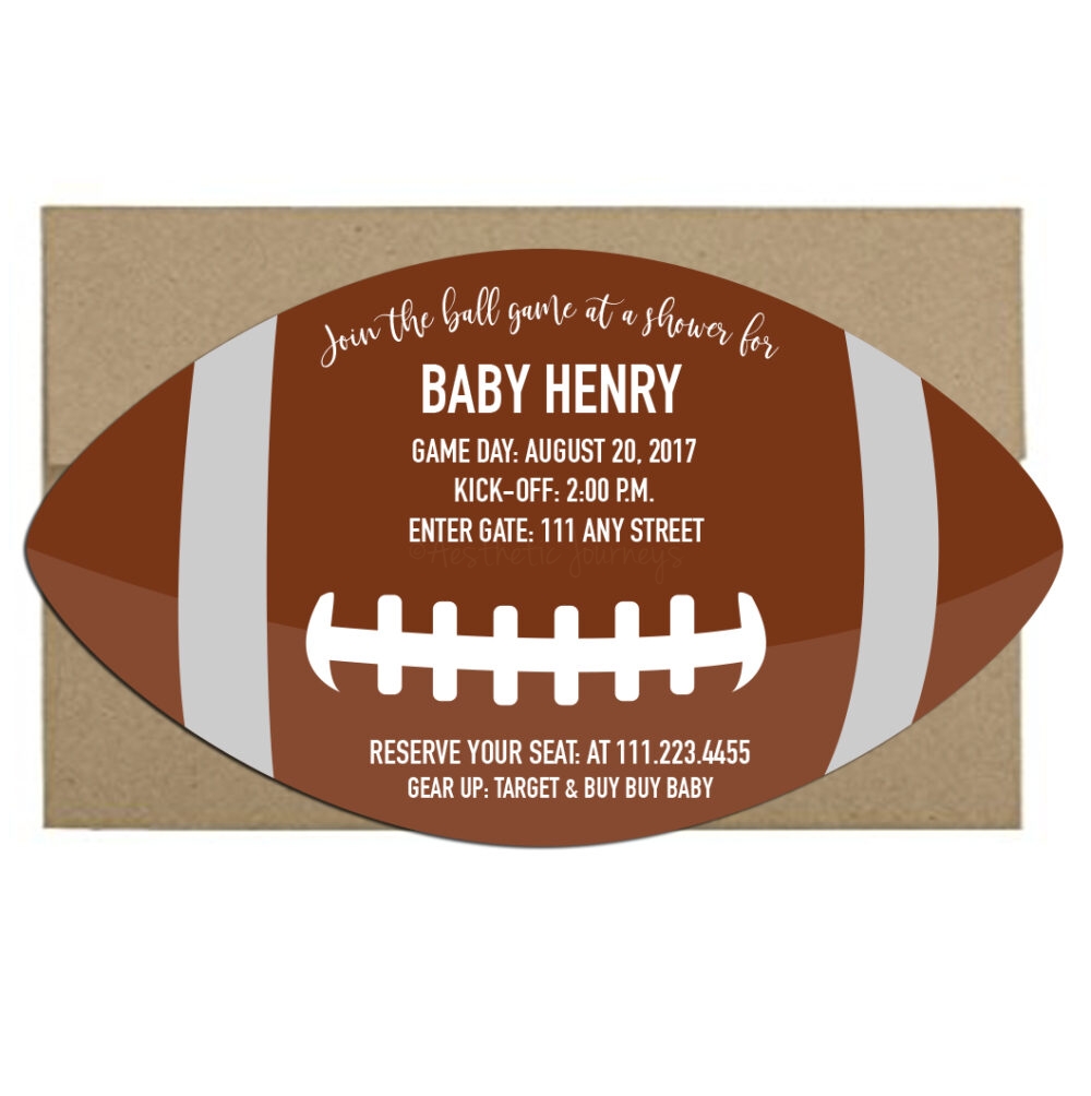 football themed party invite in football shape on white background with brown envelope